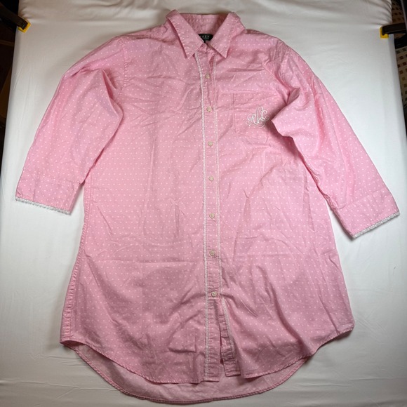 Vintage Lauren Ralph Lauren Pink Polka Dot Button Down Sleep Shirt Pajama Rare - Picture 1 of 13